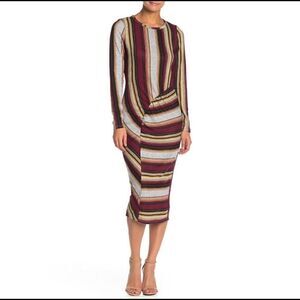 SUPERFOXX Striped Knit Jersey Long Sleeve Side Ruching Dress Nwt